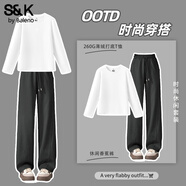 班尼路（Baleno）S&K系列套裝女裝秋冬季新款加絨打底衫休閑潮流香蕉直筒褲兩件套 白#純色+深灰#純色 L