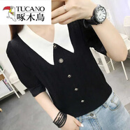 啄木鳥(niǎo)（TUCANO）冰絲短袖T恤女夏黑白撞色娃娃領(lǐng)薄款針織衫韓版寬松顯瘦短款上衣 黑色 3XL 【145-155斤】