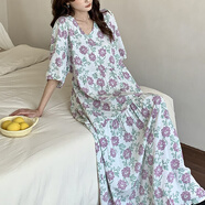 芳履遇棉綢睡裙女夏覆古睡衣家居服風(fēng)綿綢長裙可外穿法式洋裝 瑪格麗特SYS8666長裙 均碼 裙長120小個子版