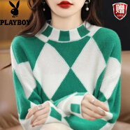 花花公子（PLAYBOY）2023秋冬新款毛衣女感撞色菱形格遮肚子顯瘦半高領(lǐng)寬松針織衫 湖藍色+白 S