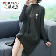 啄木鳥(niǎo)（TUCANO）羊毛針織衫女秋冬拼接加厚毛衣打底衫寬松時(shí)尚中長(cháng)款內搭連衣裙潮 墨綠色 L