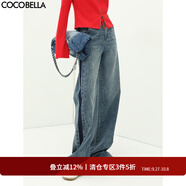 COCOBELLA拼色水洗直筒牛仔褲女撞色高腰休閑褲寬松闊腿褲DN26 牛仔藍 L