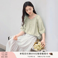香影中袖襯衫女圓領(lǐng)2025夏裝新款慵懶泡泡袖氣質(zhì)淑女寬松藍色上衣 淺綠 L 165/88A/110-125斤