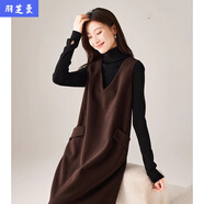 顧夕岑法式咖色v領(lǐng)疊穿毛呢寬松連衣裙女2025秋冬季新款氣質(zhì)背心裙 咖色 XL