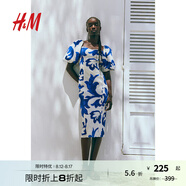 H&M女士花卉連衣裙秋季氣質修身歐根紗五分袖燈籠袖連身裙1238363 白色/藍色圖案 160/88 S