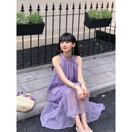 UKUHPK小鎮(zhèn)姍姍手工花朵掛脖連衣裙女夏季海邊度假風(fēng)紫色長(zhǎng)裙 紫色 S
