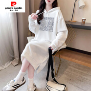 皮爾卡丹（pierre cardin）中長(zhǎng)款過(guò)膝加絨加厚連帽衛(wèi)衣裙女秋冬2025新款寬松內(nèi)搭長(zhǎng)袖連衣裙 900-101-白色(薄款) S (建議70-90斤)
