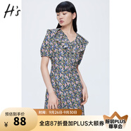 H's泡泡袖碎花連衣裙夏季新款女裝荷葉領(lǐng)V領(lǐng)A字裙減齡簡(jiǎn)約風(fēng)印花裙子 粉色花 M