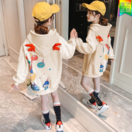 G.DUCKKIDS品牌童裝女童中長(cháng)款連帽衛衣春秋款加絨加厚兒童中大童衛衣裙上衣 米色(春秋薄款) 120 cm