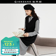 佐丹奴女裝秋上新假兩件針?biāo)罂椘唇痈褡右r衫連衣裙女18463224 01黑拼黑白格 S