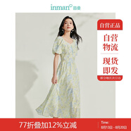 茵曼（INMAN）植物花卉印花女裝V領(lǐng)連衣裙2025春季新品裙子 青綠江山短袖  XL