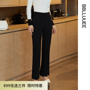 粉藍衣櫥氣質(zhì)百搭休閑直筒褲女2024秋新款開(kāi)衩黑色微喇褲533K796 墨染黑 S