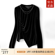 ZXEGI品牌女裝打底衫女春秋純色圓領(lǐng)鏈條修飾側(cè)開叉絲絨上衣內(nèi)搭可外穿 黑色 L