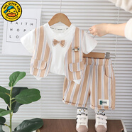 G.DUCKKIDS童裝男童套裝夏季薄款假三件兒童夏裝純棉寶寶衣服中小童短袖t恤 豎條卡其色套裝+領(lǐng)結 90 建議80-90cm1歲半-2歲