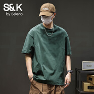 班尼路S&K純棉短袖男款夏季日系潮牌寬松拼接圓領(lǐng)百搭體恤新款長(cháng)短袖t恤 軍綠 5XL 碼 【210-230斤】