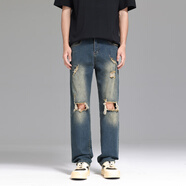 UNKNOWTAL美式復古破洞水洗做舊牛仔褲男百搭寬松直筒休閑長(cháng)褲 男女同款 深藍色 S