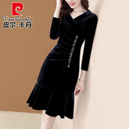 皮爾卡丹（pierre cardin）2025秋冬釘珠顯瘦魚(yú)尾裙長(cháng)袖褶皺遮肚顯瘦V領(lǐng)收腰高端絲絨連衣裙 凡698-黑色 M 適合(80-100斤)