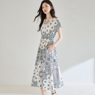2025之禾品質(zhì)女裝夏季印花純棉松緊腰度假風(fēng)連衣裙 白色 S
