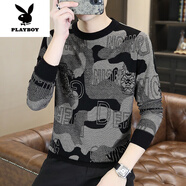 花花公子（PLAYBOY）高端針織衫男打底線衣秋冬季痞帥內(nèi)搭圓領(lǐng)長袖t恤高端提花薄毛衣 1853 黑米色 L