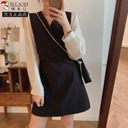 啄木鳥(niǎo)連衣裙女2025早春新款韓版ins遮肚子顯瘦收腰氣質(zhì)v領(lǐng)長(cháng)袖a字裙子 黑色 L