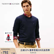 TOMMY HILFIGER【柔軟純棉】25秋冬男撞色條紋學(xué)院風(fēng)針織衫/情侶款純色毛衣 【純色繡標(biāo)毛衣】午夜藍(lán)FAP S  （推薦：120-135斤）