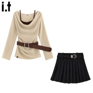 :CHOCOOLATE  it女裝潮牌秋冬連衣裙蕩領(lǐng)假兩件針織衫麂皮絨百褶半身裙套裝女 卡其色上衣+黑色裙 【上衣均碼】 M