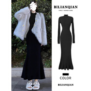 ACJK黑色步步生蓮魚(yú)尾連衣裙女秋冬季流行風(fēng)格大衣內搭針織包臀長(cháng)裙子 黑色小高領(lǐng)魚(yú)尾裙 L