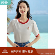 茵曼涼感撞色繡花女裝正肩短袖t恤2025夏季新品打底襯衫上衣 珍珠白 M