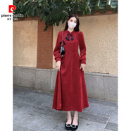 皮爾卡丹大碼小香風(fēng)紅色長(cháng)袖連衣裙女秋冬胖mm收腰加厚新中式新年戰袍裙子 紅色長(cháng)裙 M 85-100斤