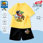 G.DUCKKIDS小黃鴨飛俠男童短袖t恤純棉衣服童裝夏款中大童男孩兒童套裝 黃色T1053+黑色T1053小 90 cm建議身高90CM以下