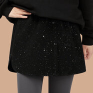 IFSONG屁簾女遮臀神器新款秋冬打底褲鯊魚(yú)褲假下擺顯瘦半身裙毛呢厚大碼 星空黑【加厚紐扣款】 XL 115-135斤