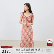 自巧小個子紅色雪紡格紋連衣裙女2025夏裝新款掐腰裙度假風(fēng)長裙子 紅白格 S （尺碼：3）