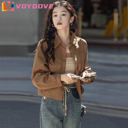 VOYDOVE春秋外套女設(shè)計感港風(fēng)上衣復(fù)古長袖襯衫洋氣短款純色小個子襯衣女 咖啡色外套【z】 M 91-105斤