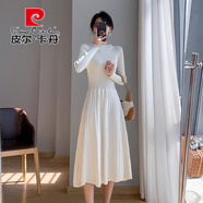 皮爾卡丹（pierre cardin）法式赫本風(fēng)小黑裙針織連衣裙女秋冬氣質(zhì)顯瘦半高領(lǐng)打底內搭毛衣裙 米白色【釣系約會(huì )裙/ootd穿搭連身裙/御姐早秋小 S