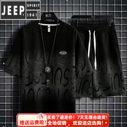 JEEP SPIRIT夏季青少年短袖運動(dòng)休閑套裝t恤胖子加肥加大碼男裝寬松帥氣一套 D626 黑色 L