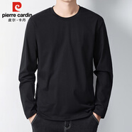 皮爾卡丹（pierre cardin）長(zhǎng)袖t恤男秋季棉彈純色圓領(lǐng)上衣男裝親膚打底衫體恤 黑色 M