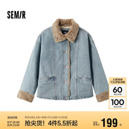 森馬（Semir）牛仔棉服女拼接毛領(lǐng)美式復古2024冬寬松毛邊夾克街頭109724108017