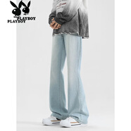 花花公子（PLAYBOY）微喇牛仔褲男士春秋季美式復古高街直筒寬松闊腿彎刀休閑褲子男 909淺藍色 M