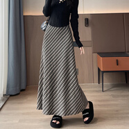 半身裙女復古條紋冬季2025新款a字包臀裙高腰顯瘦休閑長(cháng)裙子百搭 卡其色 L 85-110斤