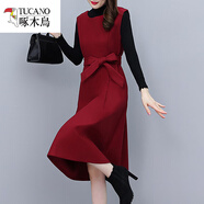 啄木鳥(niǎo)（TUCANO）毛呢背心連衣裙子女士春秋冬2025年新款長(cháng)袖氣質(zhì)打底中長(cháng)裙兩件套 酒紅色高端大氣時(shí)尚媽媽減齡遮肉大碼胖mm小個(gè)子 2XL （120-130斤）