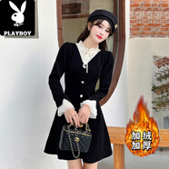 花花公子（PLAYBOY）法式赫本風(fēng)復古黑色連衣裙2025春季新款小個(gè)子收腰顯瘦女裝6385 黑色【加絨加厚】 S 100斤以下