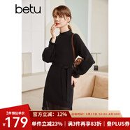 betu百圖女裝網(wǎng)紗拼接小高領(lǐng)木耳邊燈籠袖針織連衣裙女2110T69 黑色 L