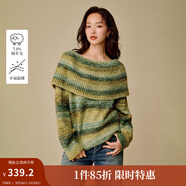 茵曼（INMAN）2025秋冬女裝新款一字肩大翻領(lǐng)撞色條紋毛衣圓領(lǐng)寬松針織衫 綠色 S