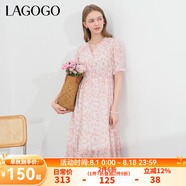 lagogo氣質(zhì)法式碎花V領連衣裙女拉谷谷夏季新款印花田園風高腰裙 混色(Y0) S
