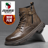 西域駱駝（VANCAMEL）出口意大利尾單馬丁靴男真皮加絨機(jī)車(chē)靴男高幫加絨棉靴潮流 棕色（加絨） 38 皮鞋碼