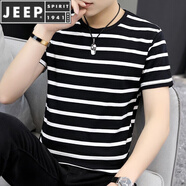 JEEP SPIRIT23夏新款絲光棉短袖T恤男夏季黑白條紋半袖?；晟辣z上衣潮 295黑色 M (適合90-110斤)