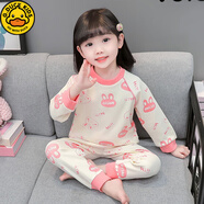 G.duck小黃鴨厚棉兒童家居服睡衣女寶寶純棉羊毛拉架秋衣秋褲女童套裝 織帶兔-杏色 90