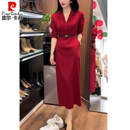 皮爾卡丹2025早春新款時(shí)尚精致長(cháng)款連衣裙V領(lǐng)修身顯瘦女裙大方得體 紅色連衣裙 L