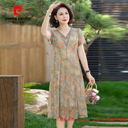 皮爾卡丹（pierre cardin）年輕媽媽連衣裙碎花裙子2025新款夏季中老年人女士貴夫人短袖夏裝 淺綠色 XL