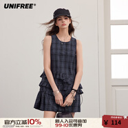 UNIFREE【25年夏款格紋連衣裙】法式休閑風(fēng)不規(guī)則木耳荷葉花邊拼接連衣裙藏藍(lán)色均碼